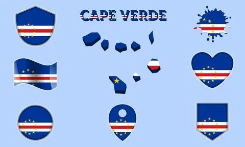 Collection of flat national flags of Cape Verde with map Illustrazione stock