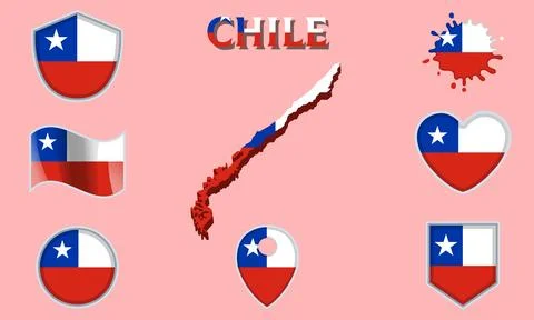 Collection of flat national flags of Chile with map Stock Illustration