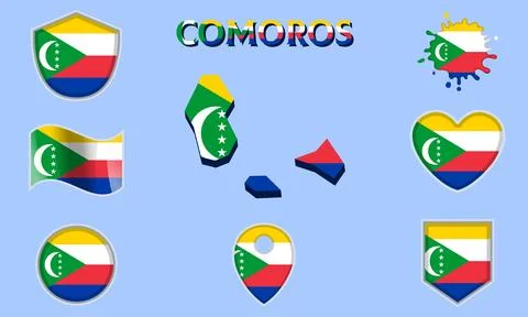 Collection of flat national flags of Comoros with map Stock Illustration