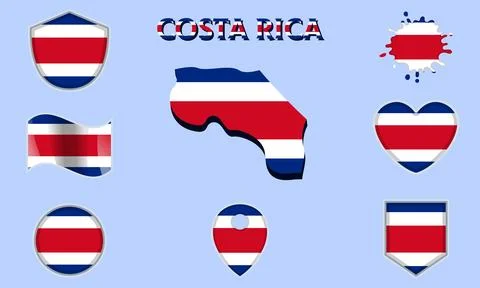 Collection of flat national flags of Costa Rica with map Stock Illustration