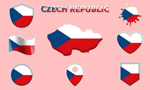Collection of flat national flags of Czech Republic with map Illustrazione stock
