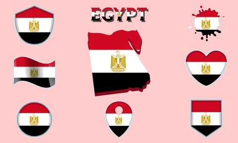 Collection of flat national flags of Egypt with map Stock Illustration