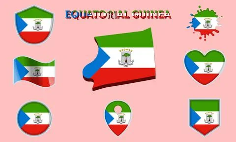 Collection of flat national flags of Equatorial Guinea with map Illustrazione stock