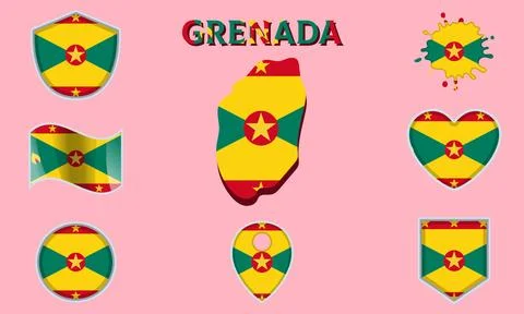 Collection of flat national flags of Grenada with map Stock Illustration