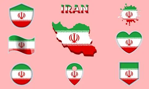 Collection of flat national flags of Iran with map Stock Illustration