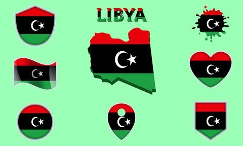 Collection of flat national flags of Libya with map Stock Illustration