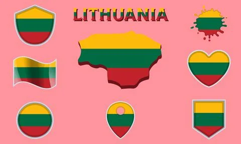 Collection of flat national flags of Lithuania with map Stock Illustration