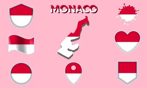 Collection of flat national flags of Monaco with map Stock Illustration