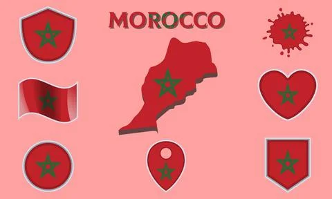 Collection of flat national flags of Morocco with map Stock Illustration
