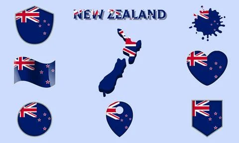 Collection of flat national flags of New Zealand with map Stock-Illustration