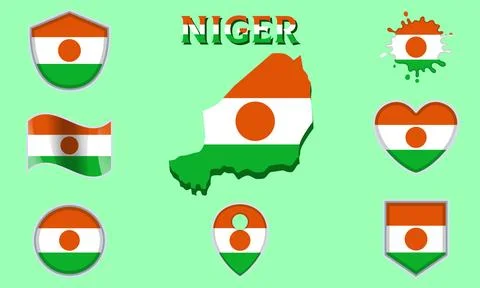 Collection of flat national flags of Niger with map Stock Illustration