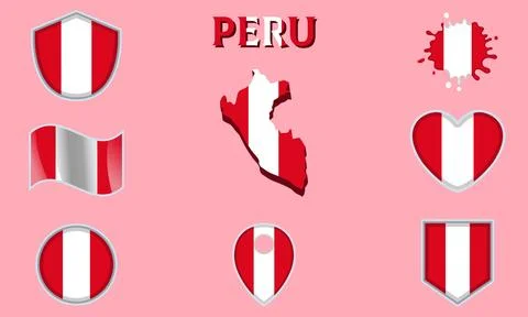 Collection of flat national flags of Peru with map Stock Illustration
