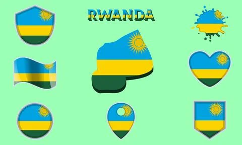 Collection of flat national flags of Rwanda with map Illustrazione stock