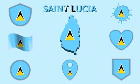 Collection of flat national flags of Saint Lucia with map Illustrazione stock