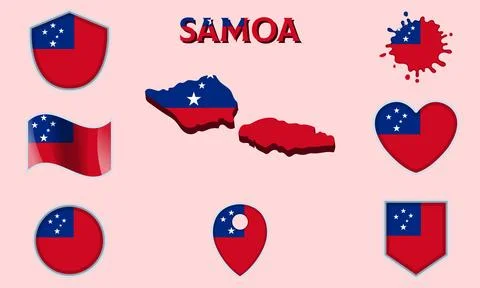 Collection of flat national flags of Samoa with map Stock Illustration