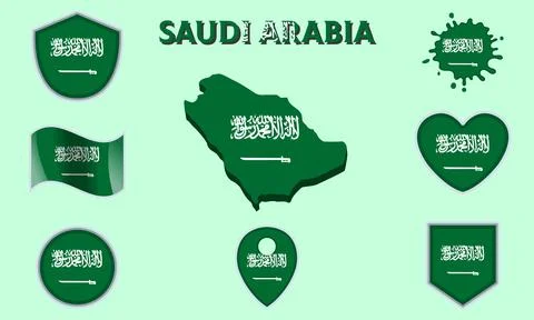 Collection of flat national flags of Saudi Arabia with map Illustrazione stock