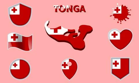 Collection of flat national flags of Tonga with map Illustrazione stock