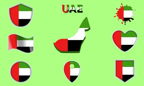 Collection of flat national flags of UAE with map Stock Illustration