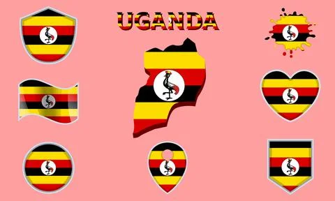 Collection of flat national flags of Uganda with map Stock Illustration