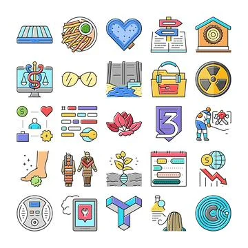 Collection of flat outline icons representing various concepts Stock Illustration