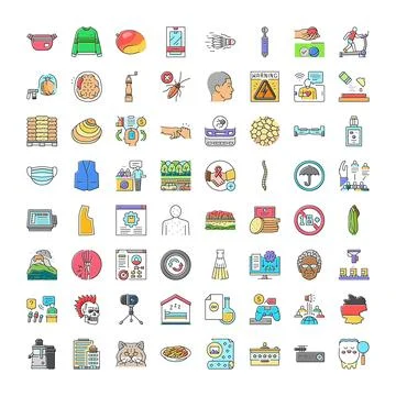 Collection of flat outline icons representing various concepts Stock Illustration