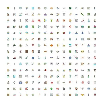 Collection of flat outline icons for various concepts Stock Illustration