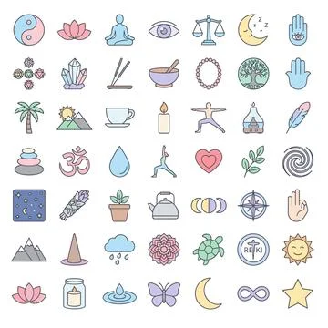 Collection of flat pastel icons representing yoga, meditation, spirituality.. Stock Illustration