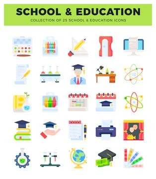 Collection of flat school and education icons in a grid layout. Illustrazione stock