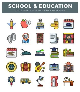 Collection of flat school and education icons on white background Stock Illustration
