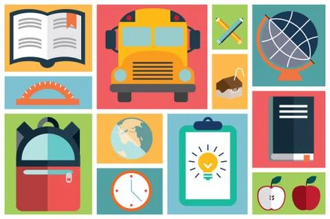 Collection of flat school icons, flat design, vector illustration Stock Illustration