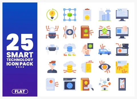 A collection of flat smart technology icons on a blue and purple gradient b.. Illustrazione stock