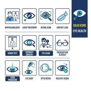 Collection of flat solid icons representing ophthalmology and eye health se.. Stock Illustration