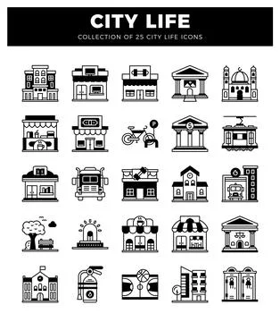 Collection of flat urban icon illustrations on a white background Illustrazione stock