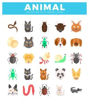 Collection of flat vector animal icons against a white background Stock Illustration