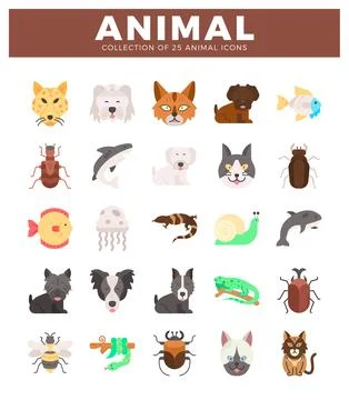 Collection of flat vector animal icons on a white background Stock Illustration