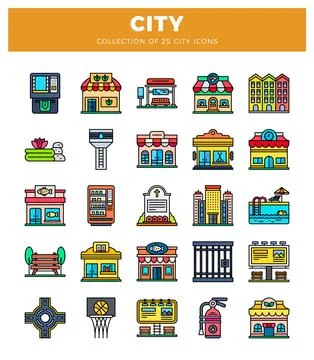 Collection of flat vector city icons in colorful. simple illustration style. Stock Illustration