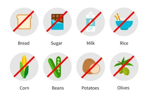 Collection flat vector icons junk meals from keto food pyramid isolated on white Stock Illustration