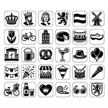 Collection of Flat Vector Icons Representing Dutch Cultural Heritage and Le.. Ilustração Stock
