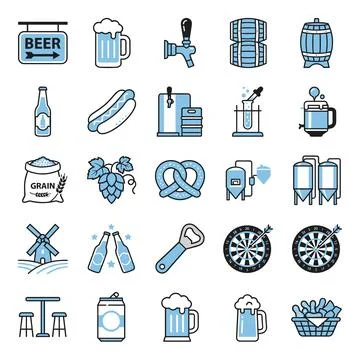 Collection of flat vector icons representing beer, brewing, and pub element.. Stock Illustration
