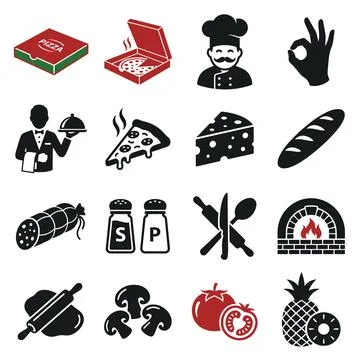 Collection of flat vector icons representing pizza, chef, waiter, cheese, b.. イラスト素材
