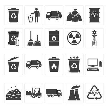 Collection of flat vector icons representing waste management, recycling, a.. Stock Illustration