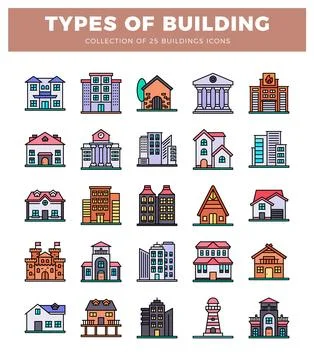 Collection of flat vector icons showing different types of buildings on whi.. Illustrazione stock
