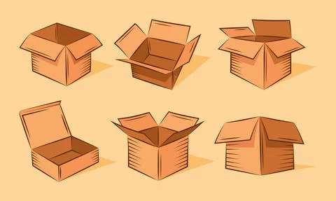 Collection of flat vector illustrations of cardboard boxes in cartoon style. Stock Illustration