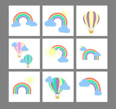 Collection of flat vector rainbow and balloon icons. Stock Illustration