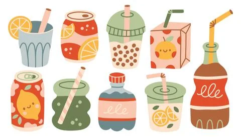 Collection of flat vector soft drinks including soda cans juice boxes and Stock Illustration