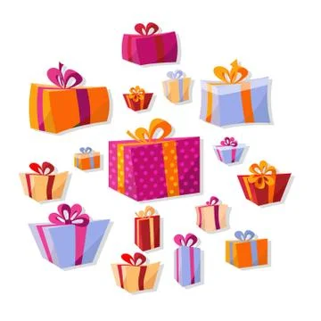 Collection of flat volume gift boxes isolated on white background. New Year's Stock Illustration