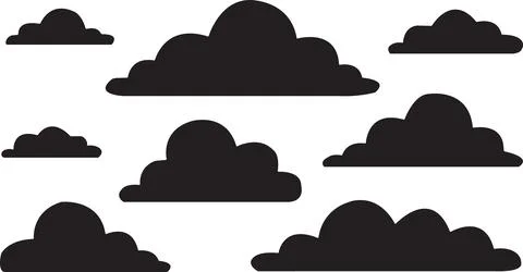 A collection of fluffy dark cloud silhouettes against a clean white backgroun Stock Illustration