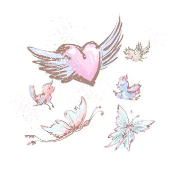 Collection of flying objects cute birds , butterflies and heart with wings Stock Illustration