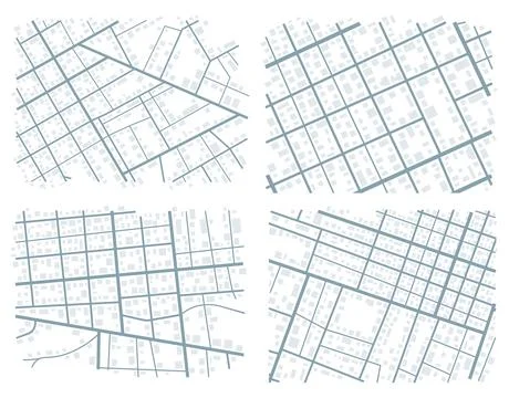 Collection of four abstract city map patterns with street grids and building Stock Illustration