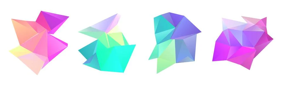 Collection of Four Abstract Holographic Low Poly Geometric Crystal Shapes with Illustrazione stock